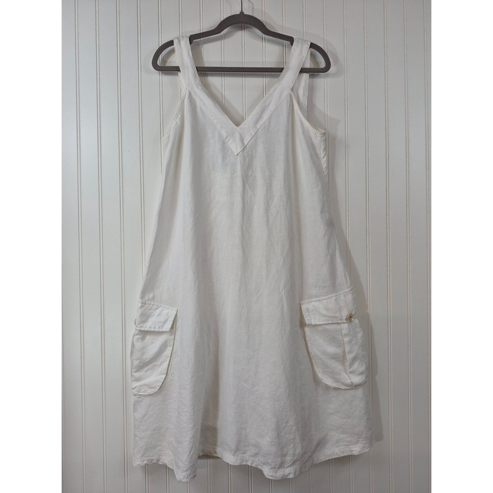 Richards‎ Crisp White 100% Linen V-Neck Cargo Pocket Tie Back Dress Size 1 Small